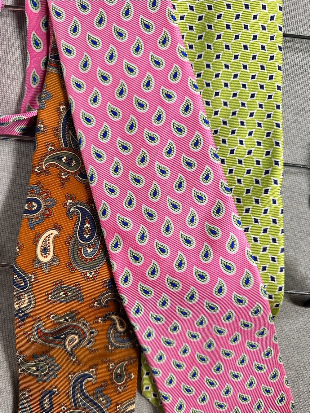 Three-Piece Paisley and Geometric Tie Set in Pink, Orange, Lime Silk Handmade